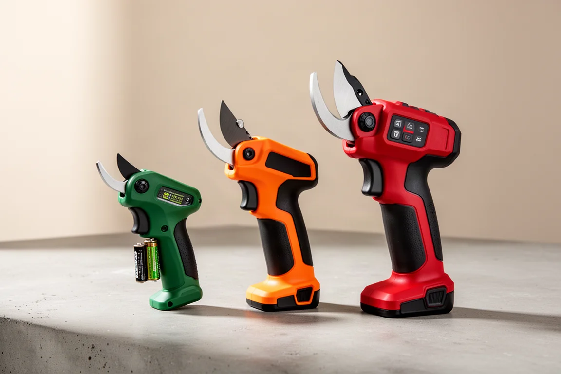 Three cordless pruners from Ryobi, AEG, and Milwaukee side by side on concrete