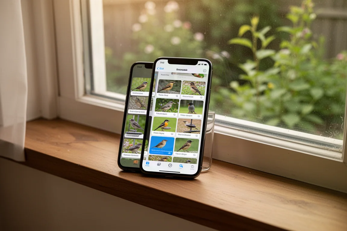 Smartfon wyświetlający powiadomienia o wykryciu ptaków obok okna
