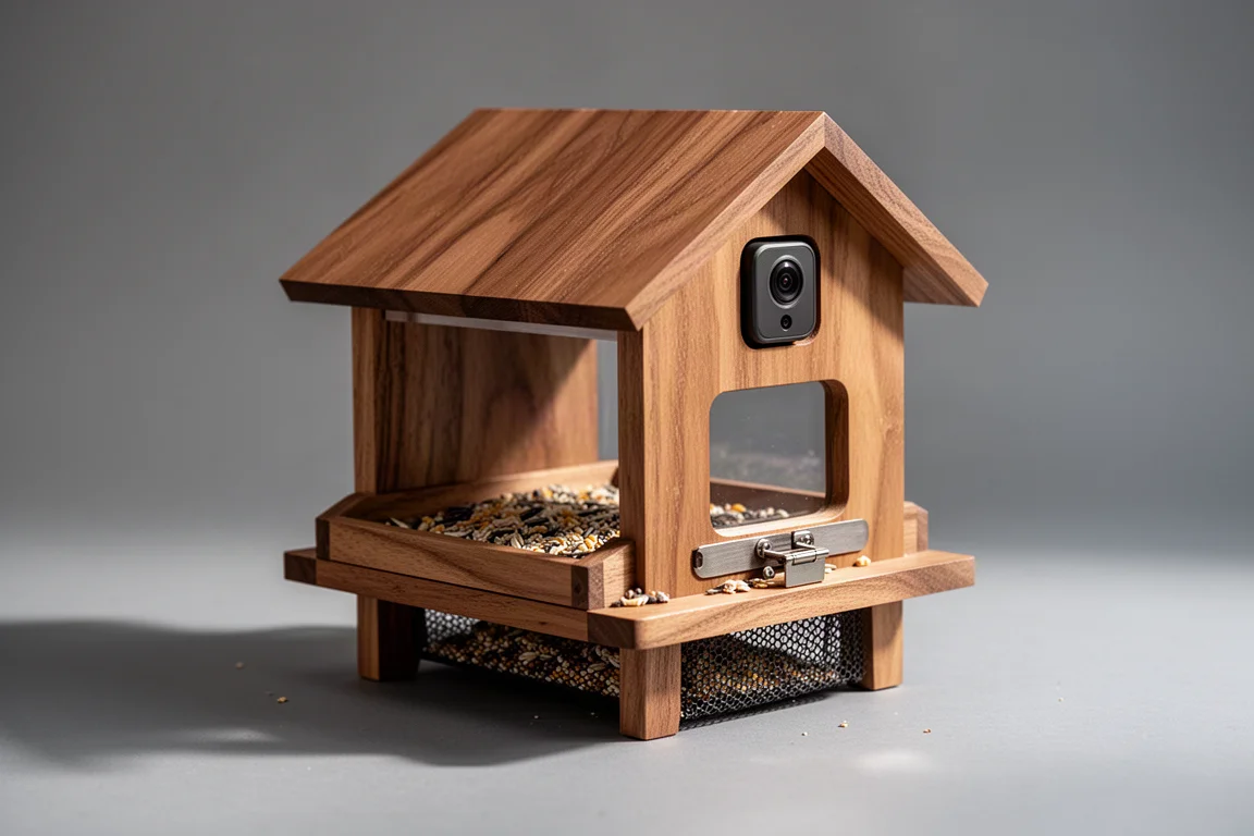 Slim vogelvoederhuis van hout met cameramodule op een neutrale grijze achtergrond