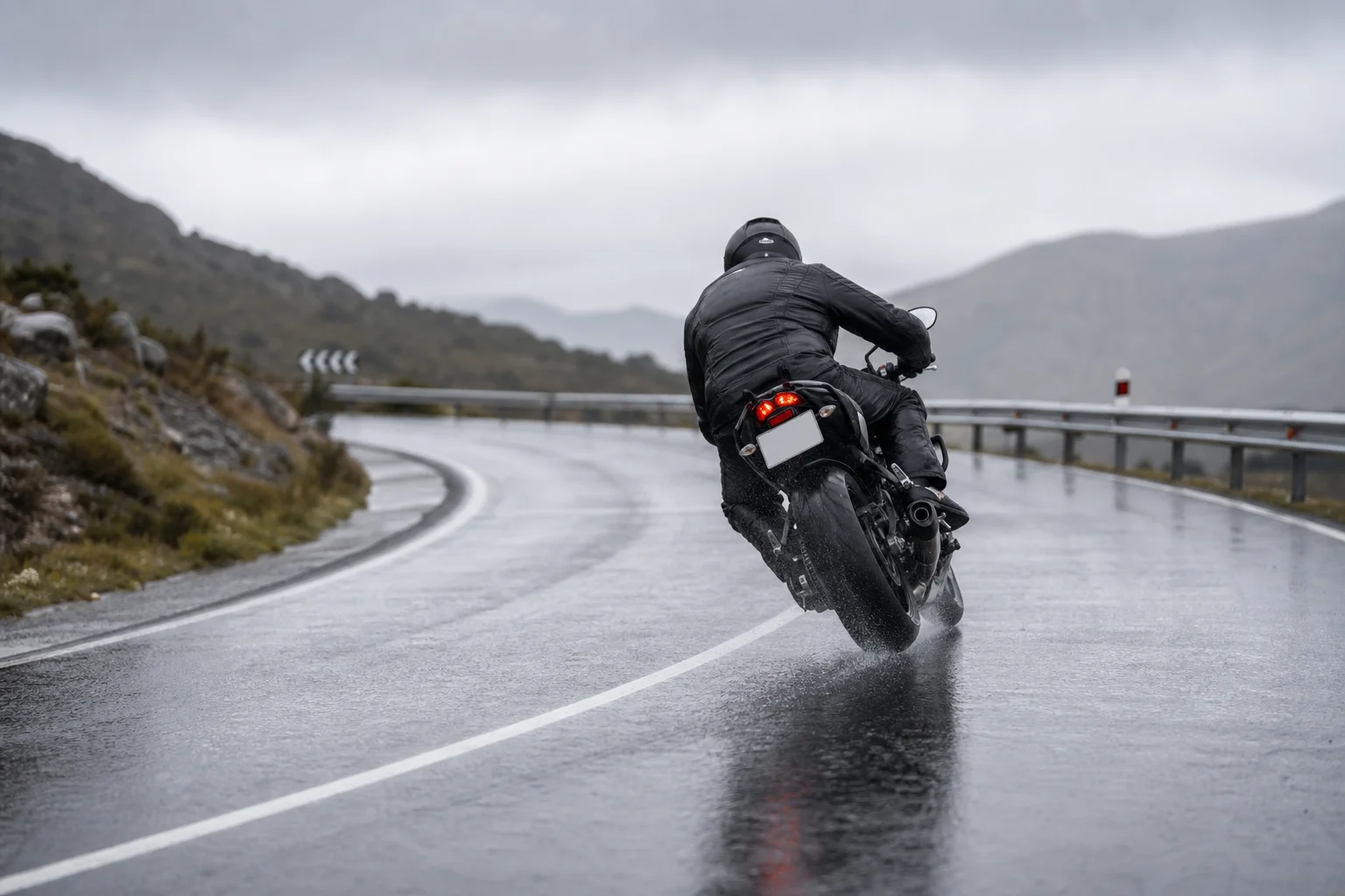 Motorcycle rider navigating a wet road curve in overcast conditions