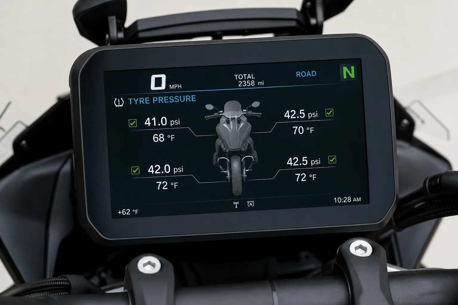 Motorcycle dashboard displaying tire pressure and temperature sensor data