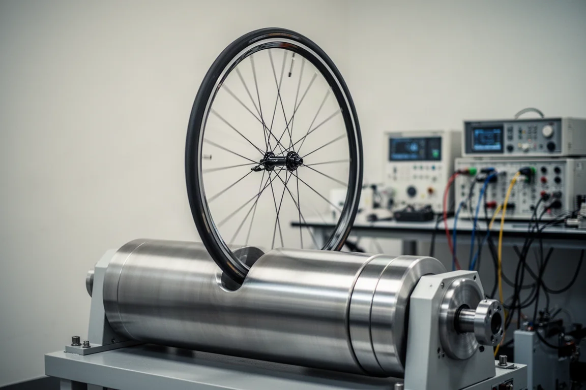 Rueda de bicicleta de carretera montada en un tambor de laboratorio para resistencia a la rodadura con instrumentos detrás