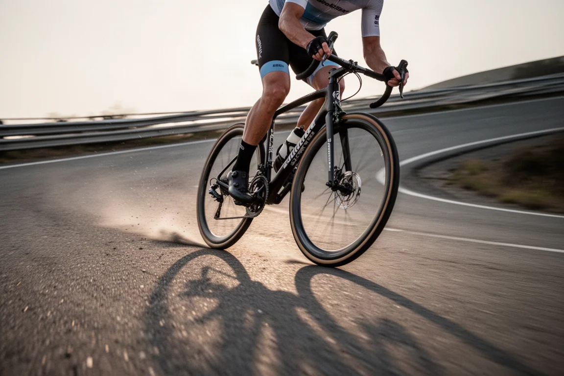 Ciclista de carretera inclinado en una curva rápida sobre asfalto gris