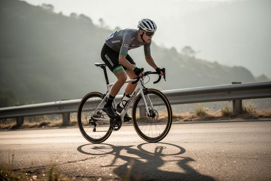 Ciclista de carretera subiendo fuera del sillín en una ascensión pronunciada con luz matutina
