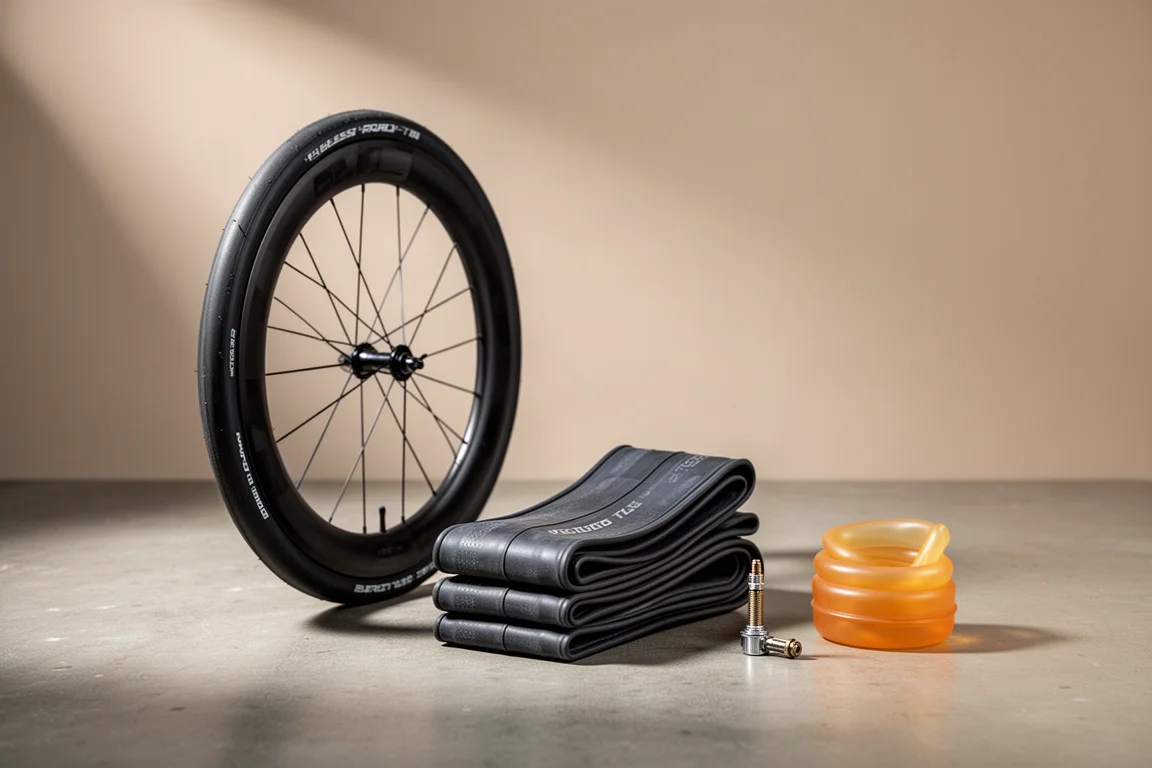 Tubeless tire, clincher tire and lightweight TPU inner tube arranged on a concrete surface