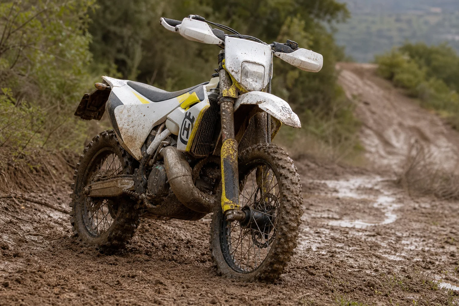 Enduro motorcycle navigating muddy trail with low tire pressure traction