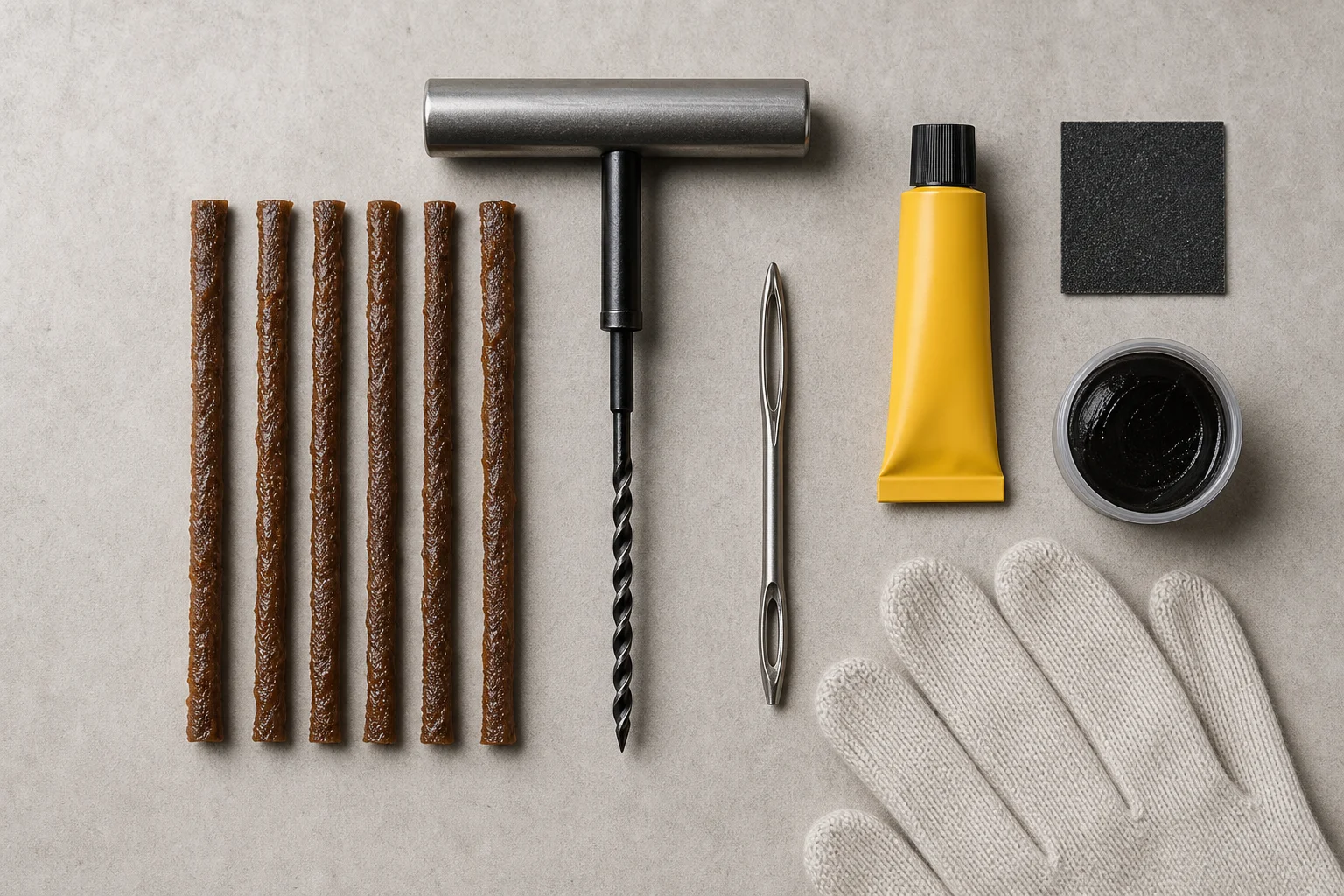 Tire plug repair kit with tools and plugs laid out on work surface