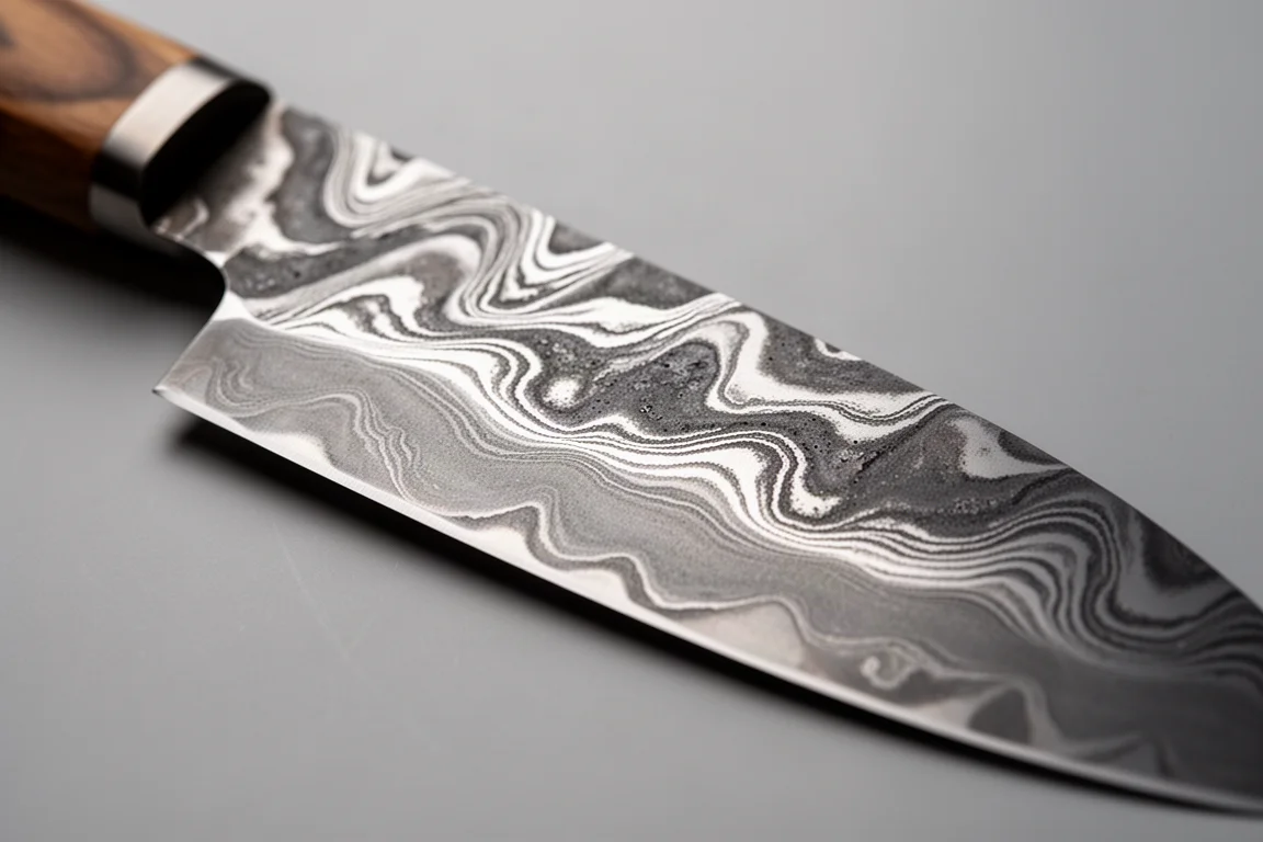 Handmade Japanese kitchen knife blade showing flowing twisted Damascus pattern