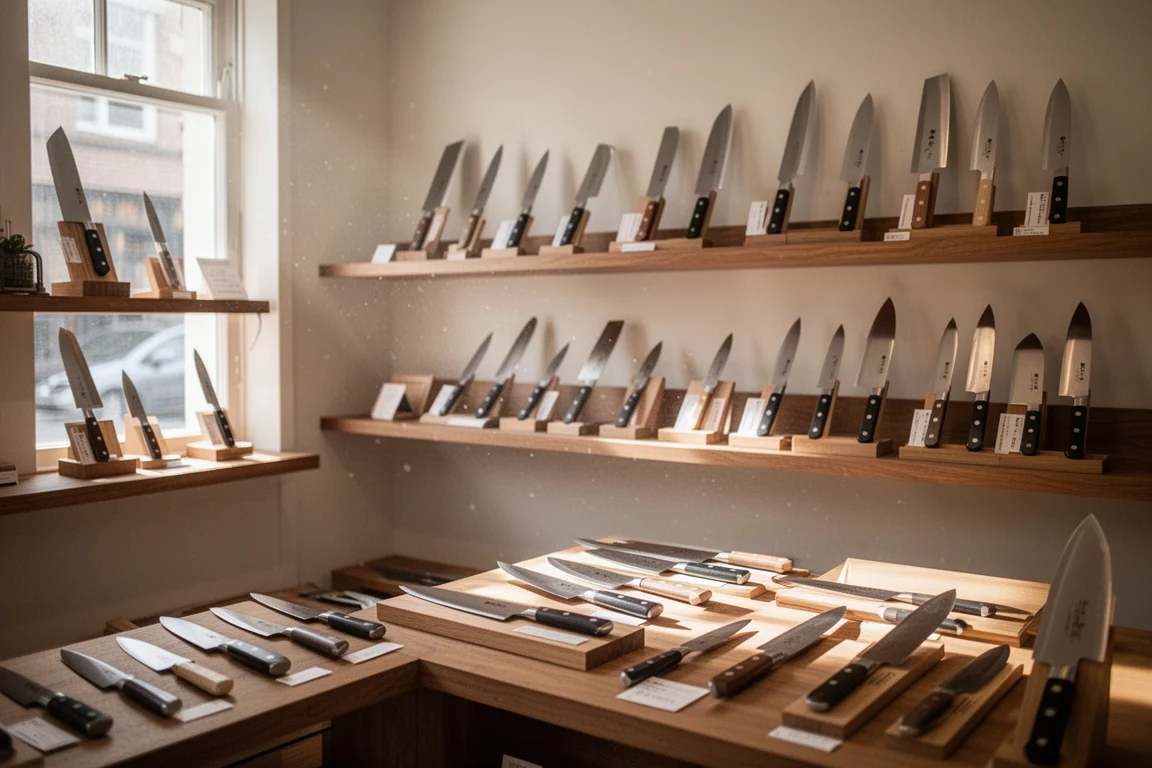 Quiet knife shop interior with blades displayed on wooden shelves