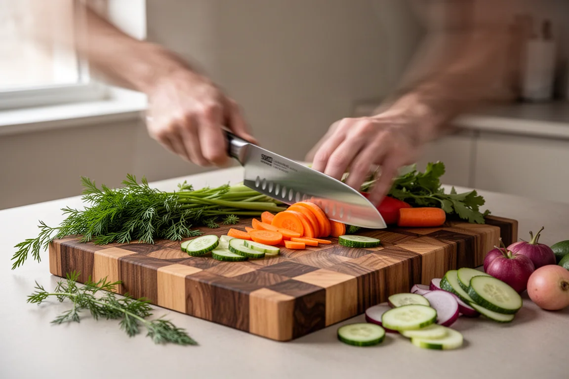 Cook slicing vegetables on a wooden cutting board with a santoku knife