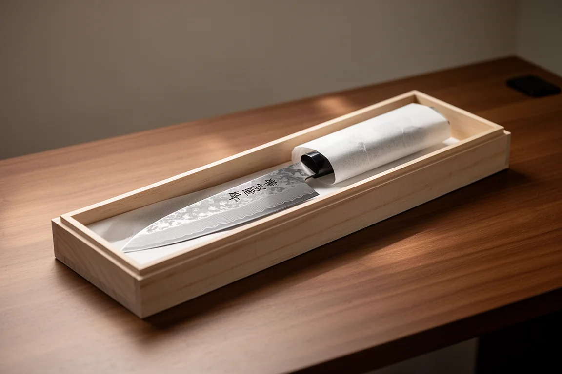 Collector's knife stored in a wooden presentation box in soft light
