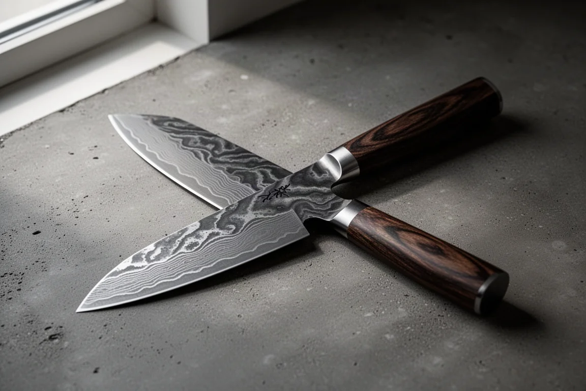 Handmade Japanese santoku knife with flowing Damascus pattern on a dark concrete surface