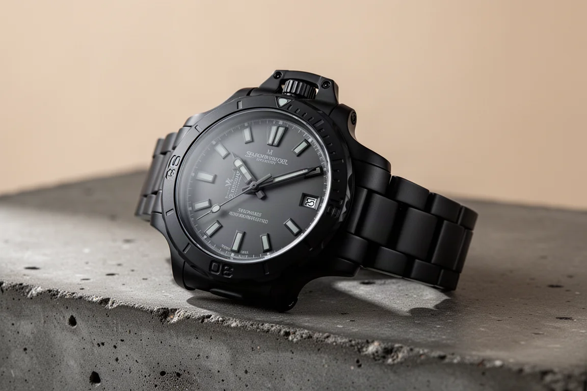 Reloj de cerámica negra mate con esfera antracita sobre superficie oscura