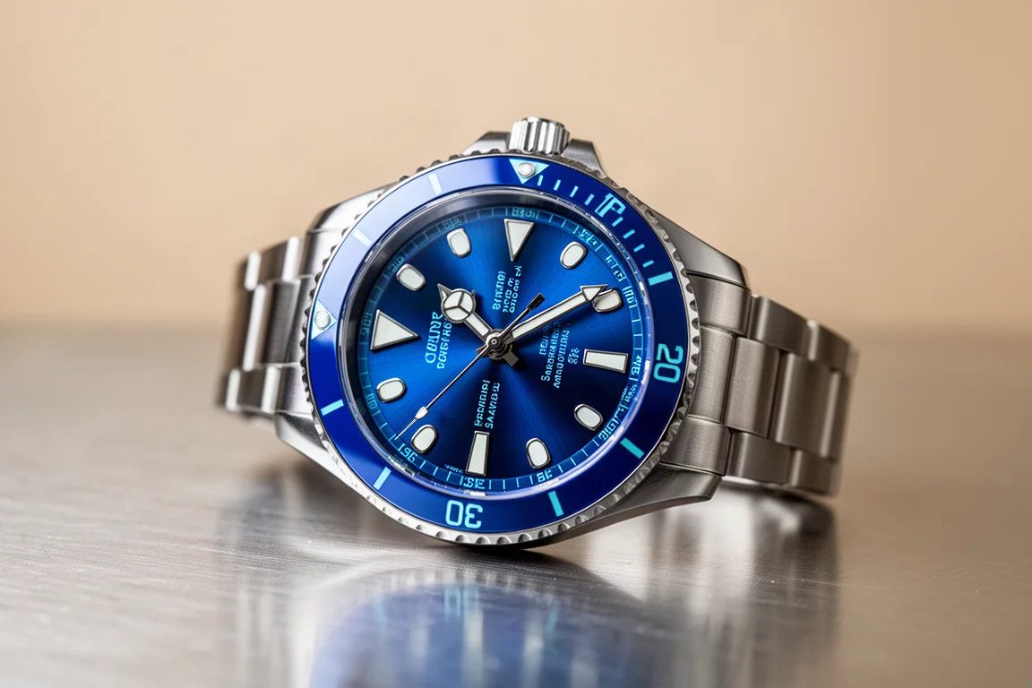 Reloj de buceo con esfera azul zafiro, bisel azul a juego y texto azul