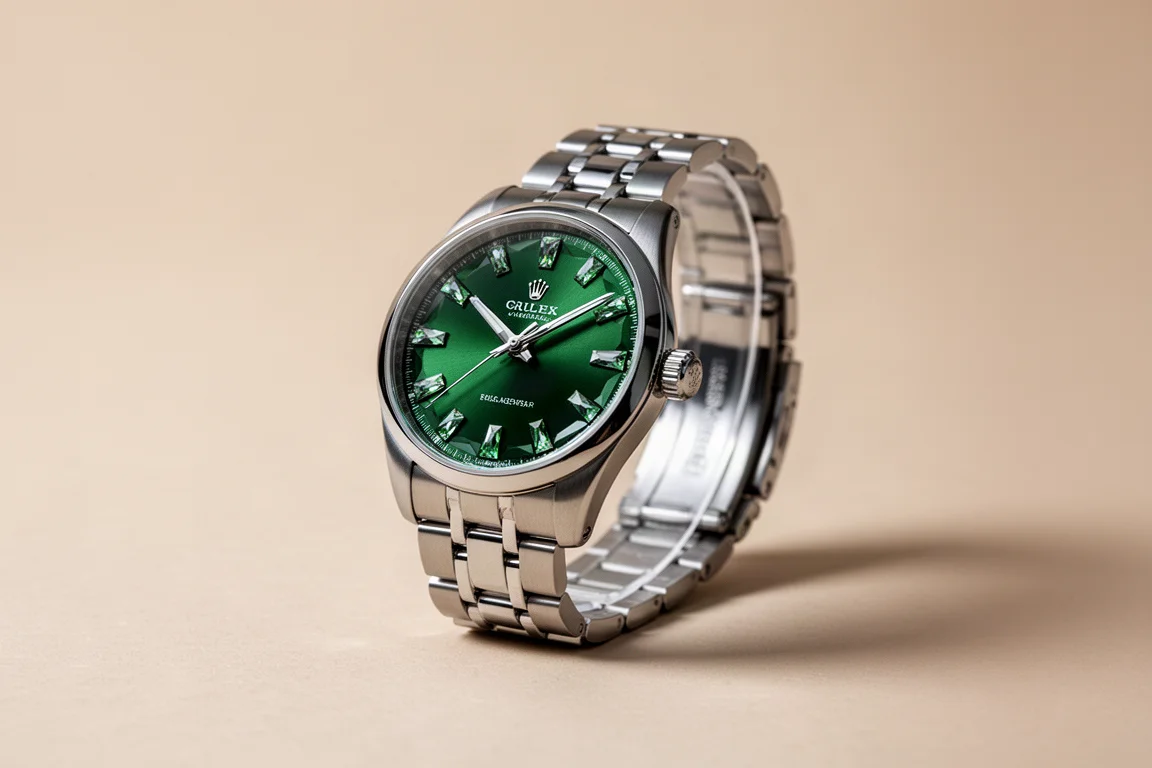 Reloj con esfera verde e índices de bastón facetados en brazalete de cinco eslabones