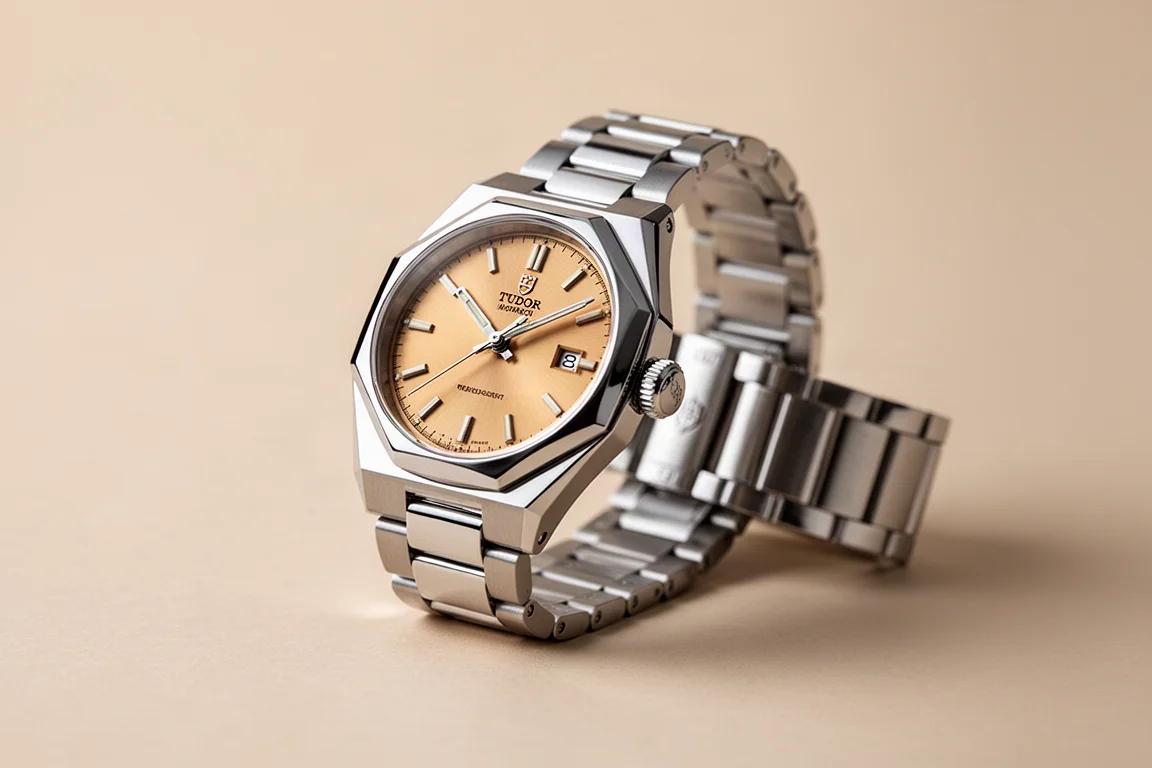 Reloj de pulsera Tudor Monarch con esfera champán y caja octogonal sobre fondo neutro