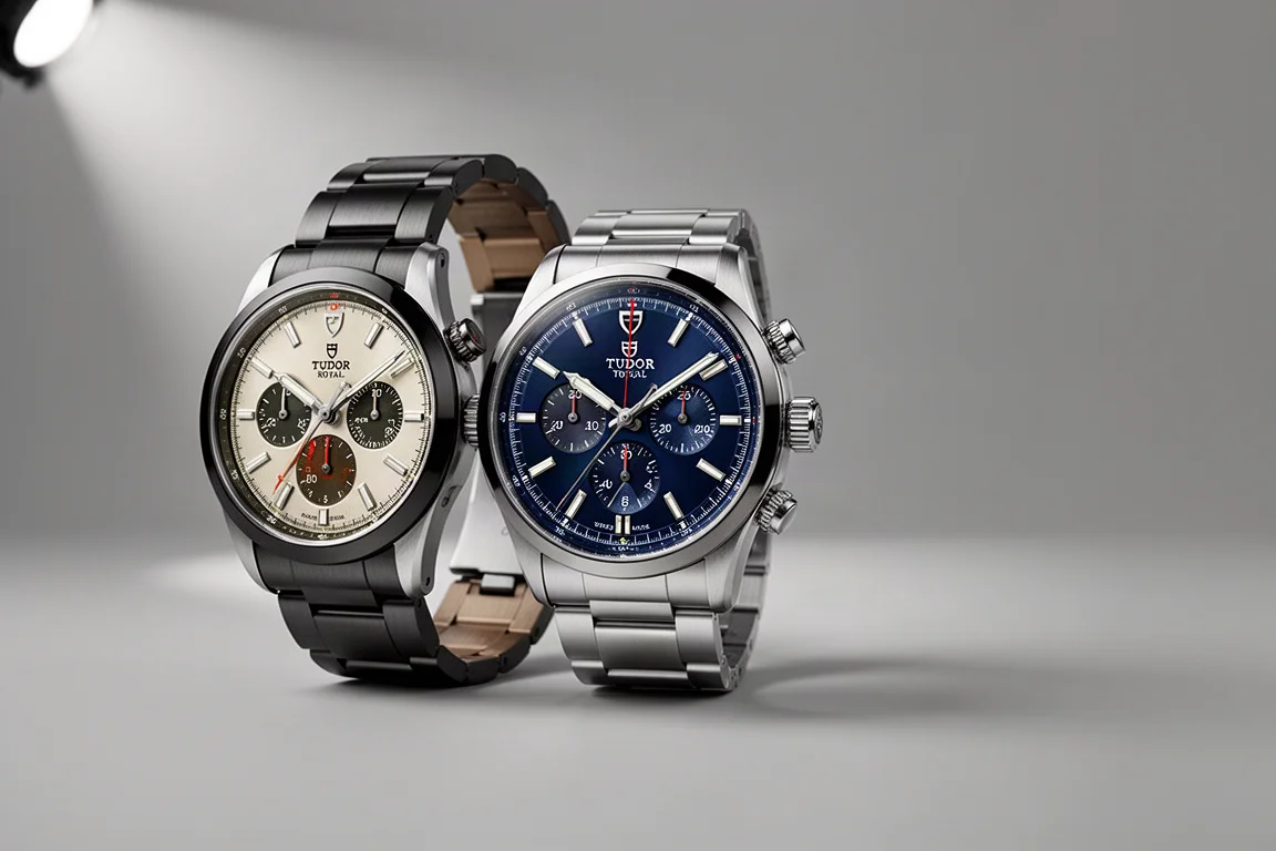 Seis relojes Tudor con varios colores de esfera dispuestos sobre una superficie de pizarra oscura