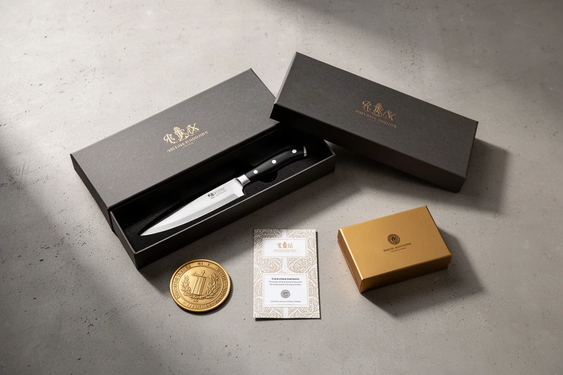 Open premium knife packaging box with branded accessories and pamphlet