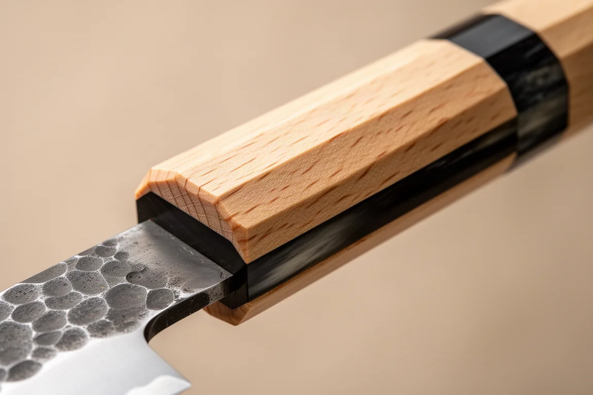 Close-up of an octagonal wooden knife handle with dark horn ferrule