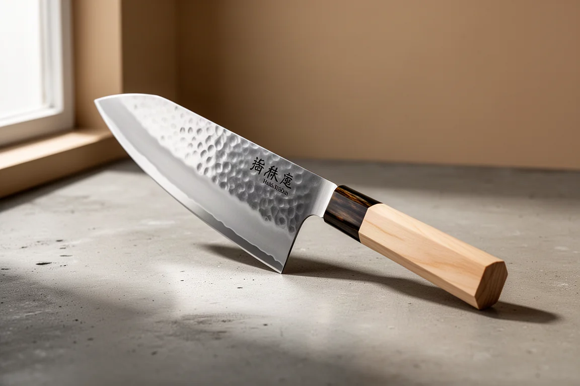 Hand-hammered Japanese Hakata knife with octagonal beech handle on concrete surface