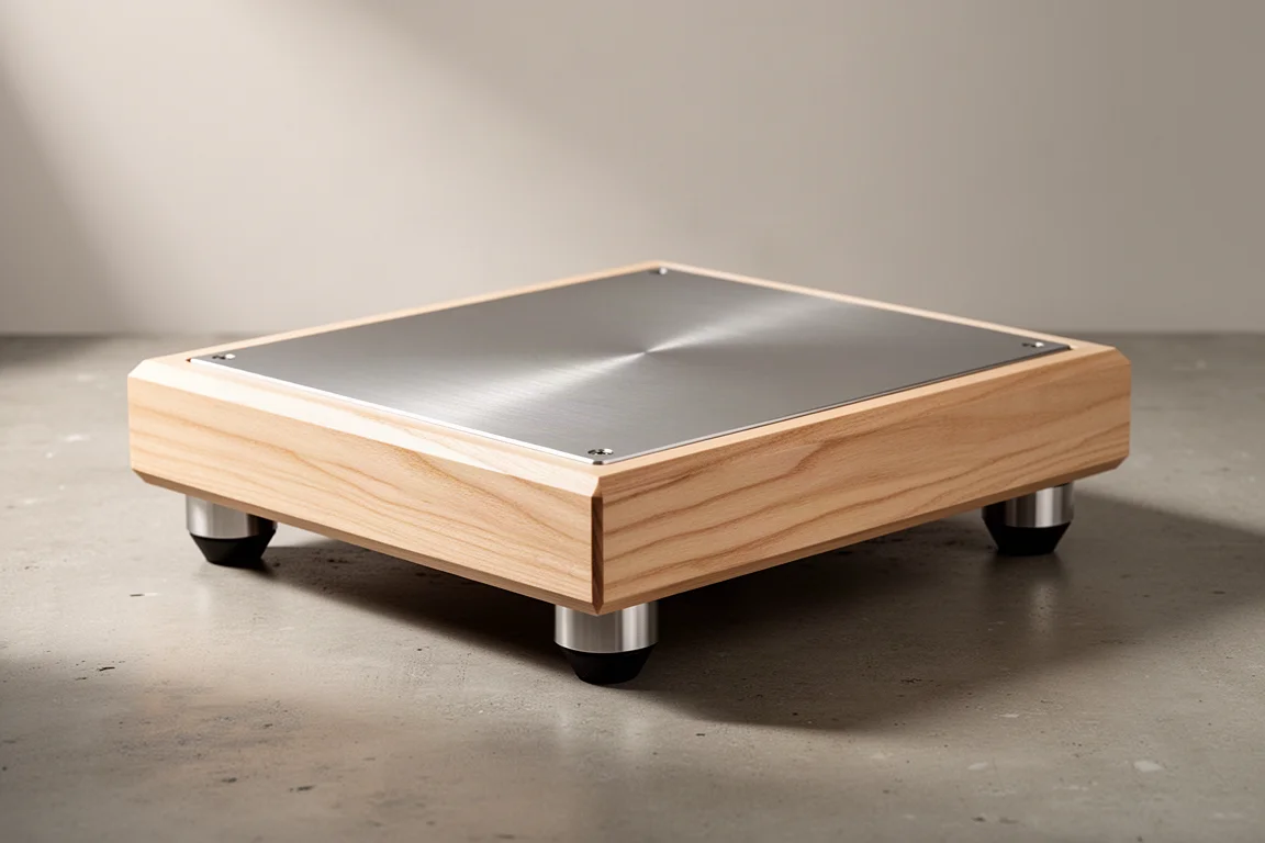 Maple hardwood isolation platform with aluminum top plate and stainless steel feet on concrete