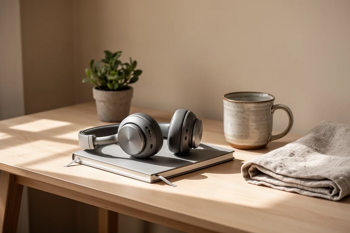 Sunlit home studio desk with headphones, notebook, mug, and a small plant