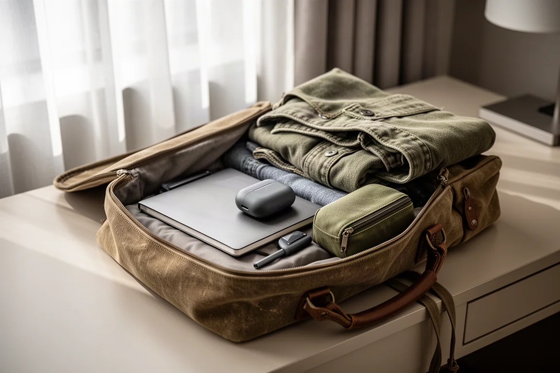 Canvas travel bag packed on a hotel desk with notebook and earbuds case
