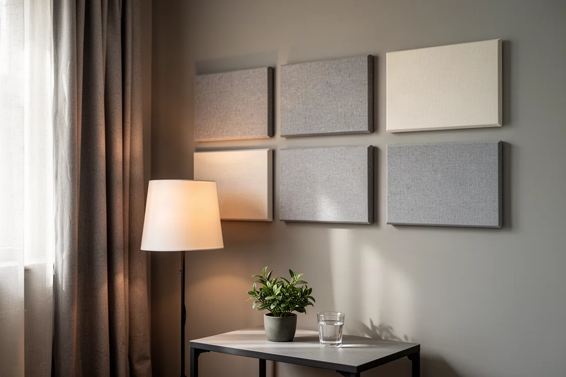 Quiet treated room corner with curtains, plant, and soft lamp light