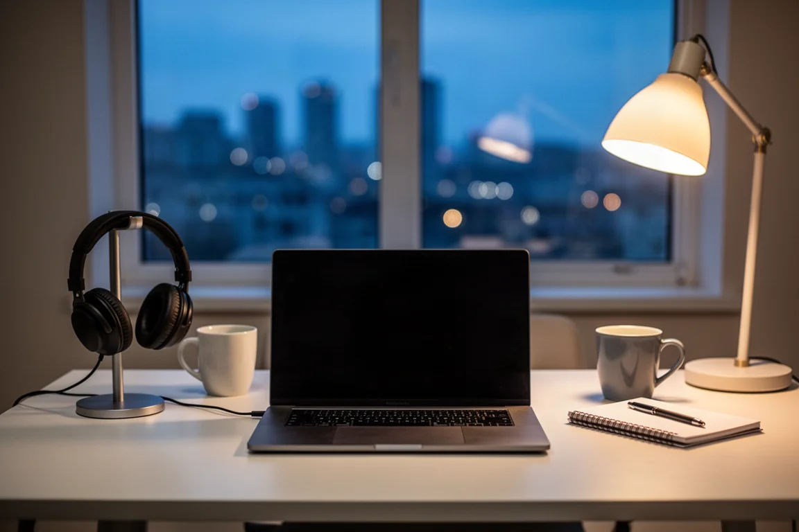 Home office desk at dusk with laptop, headphones, and city lights