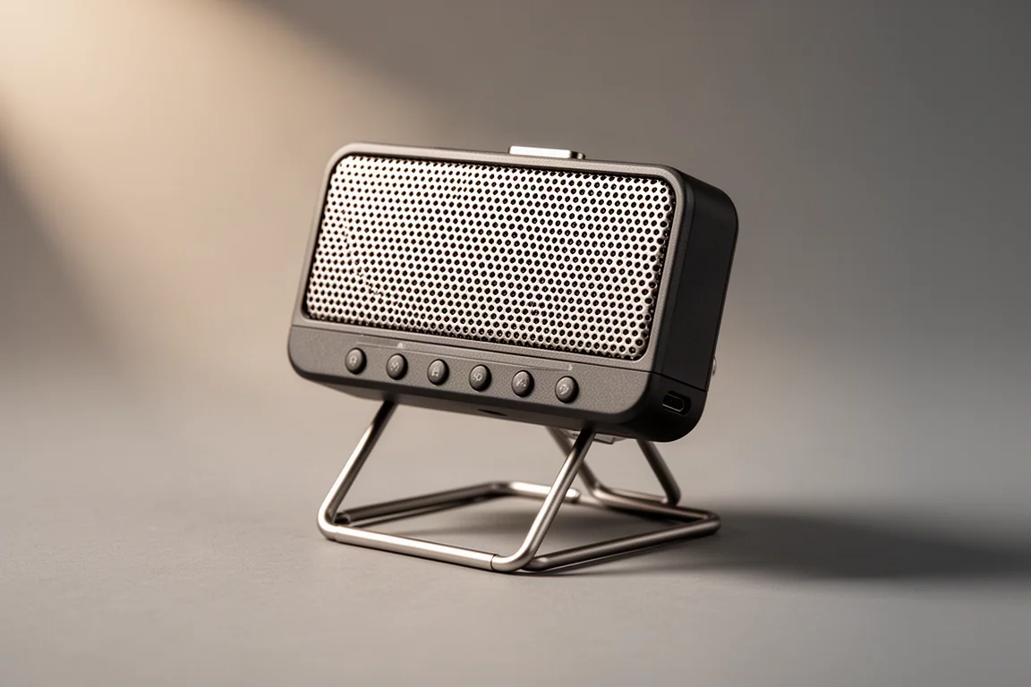 Compact USB-C microphone and recorder with metal grille on a fold-out stand