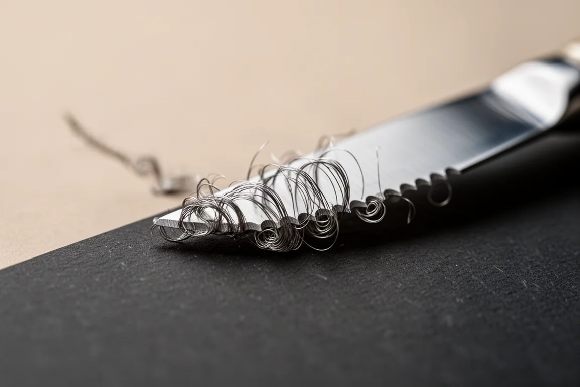 Primo piano del filo di un coltello con sottili fibre metalliche dopo la prima sessione di affilatura