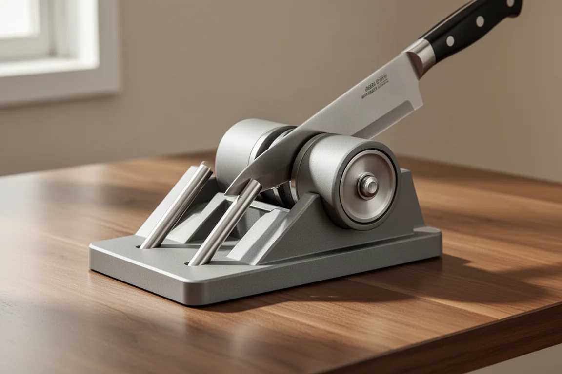 Tumbler rolling knife sharpener with a kitchen knife on a wooden surface