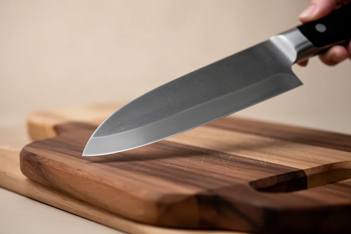 A dull kitchen knife blade held up to the light showing a flattened edge