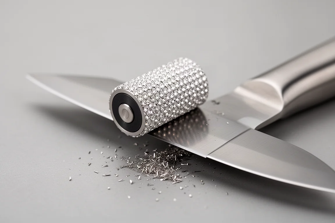Close-up of a diamond sharpening roller on a knife edge with fine steel filings