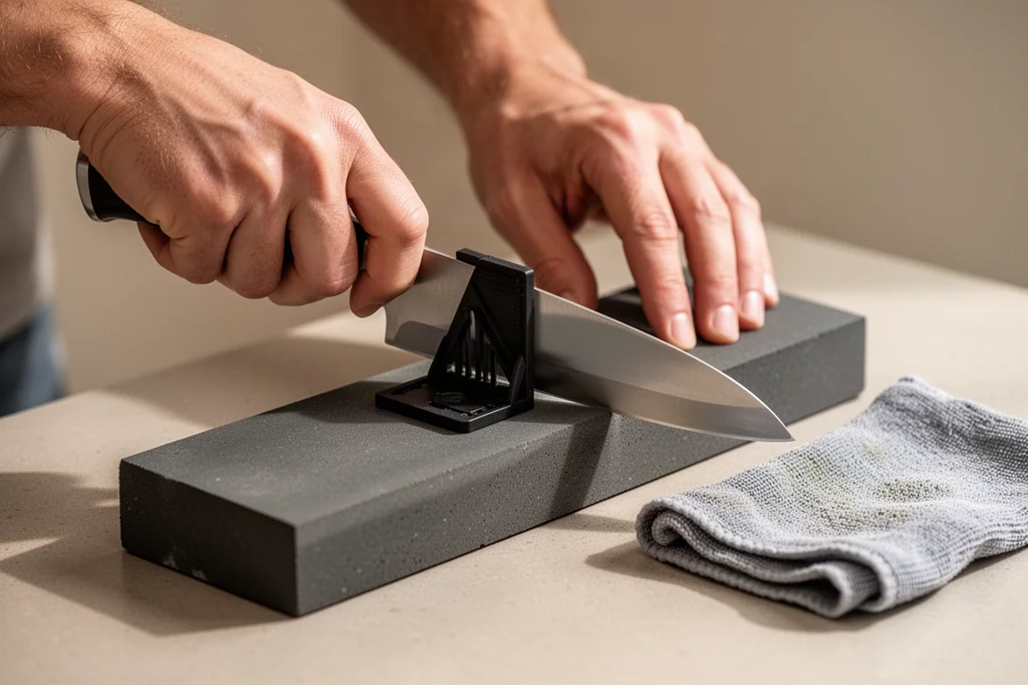 A beginner sharpening a knife on a whetstone with a plastic angle guide clip attached