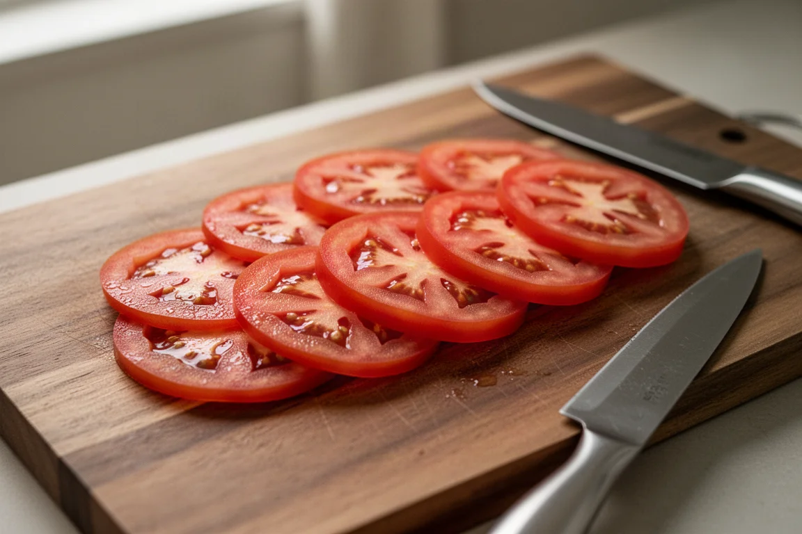 Thin slices of tomato cut cleanly on a wooden cutting board