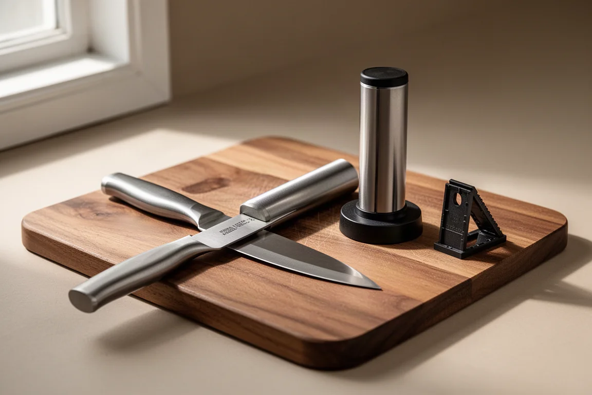 Kitchen knife with rolling sharpener and angle guide clip on a wooden cutting board