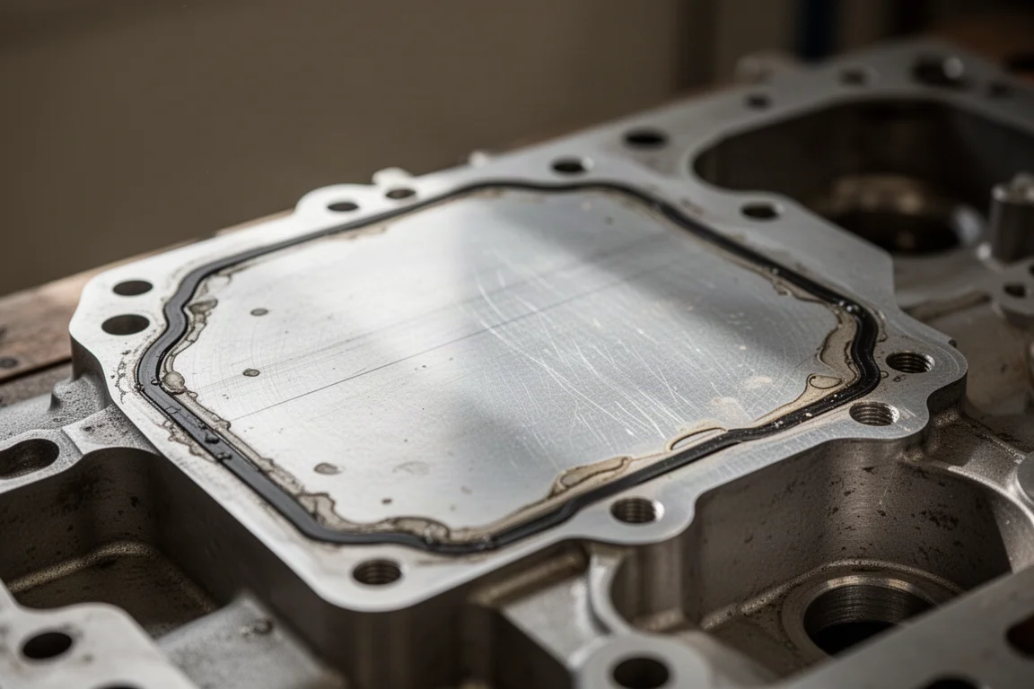 Superficie di alluminio di un motore usata con residui di vecchia guarnizione in preparazione alla raschiatura