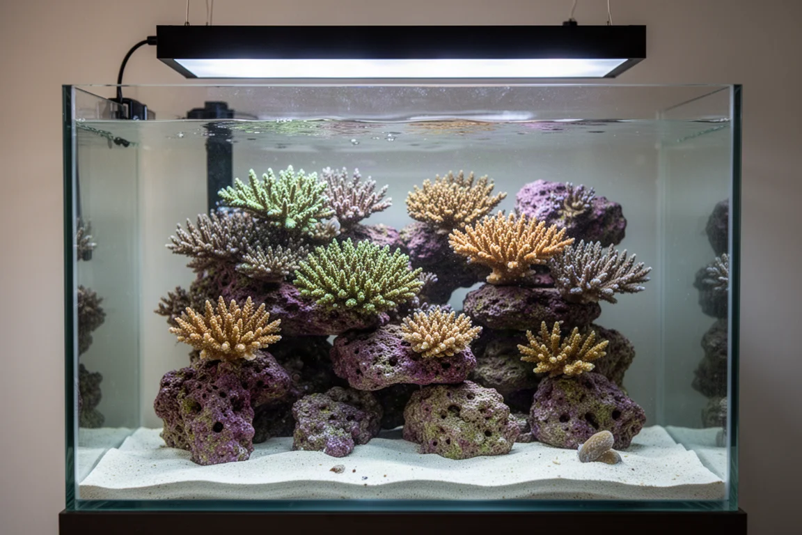 Acuario de arrecife iluminado con colonias de coral sobre roca viva visto a través del cristal
