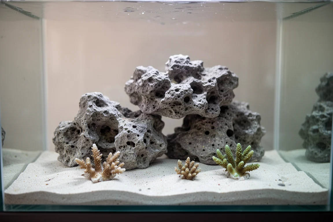 Vista cercana de la roca de la parte inferior de un acuario de arrecife con fragmentos de coral en el sustrato de arena