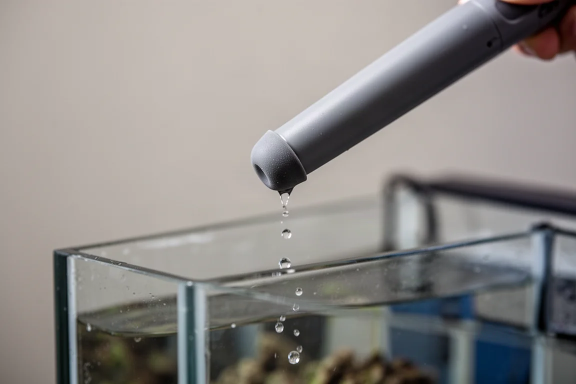 Gotas de agua cayendo desde la punta de una herramienta gris larga sobre el borde de un acuario