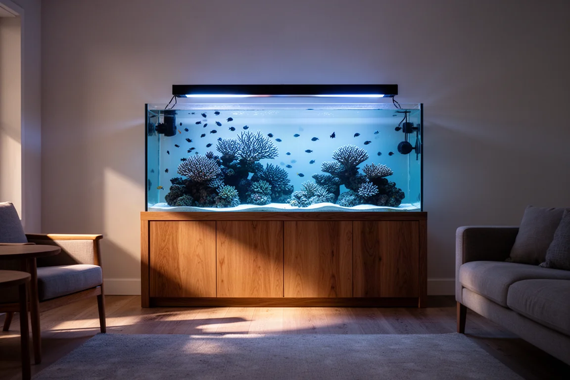 Gran acuario de arrecife bien poblado en un salón con luz tenue al atardecer