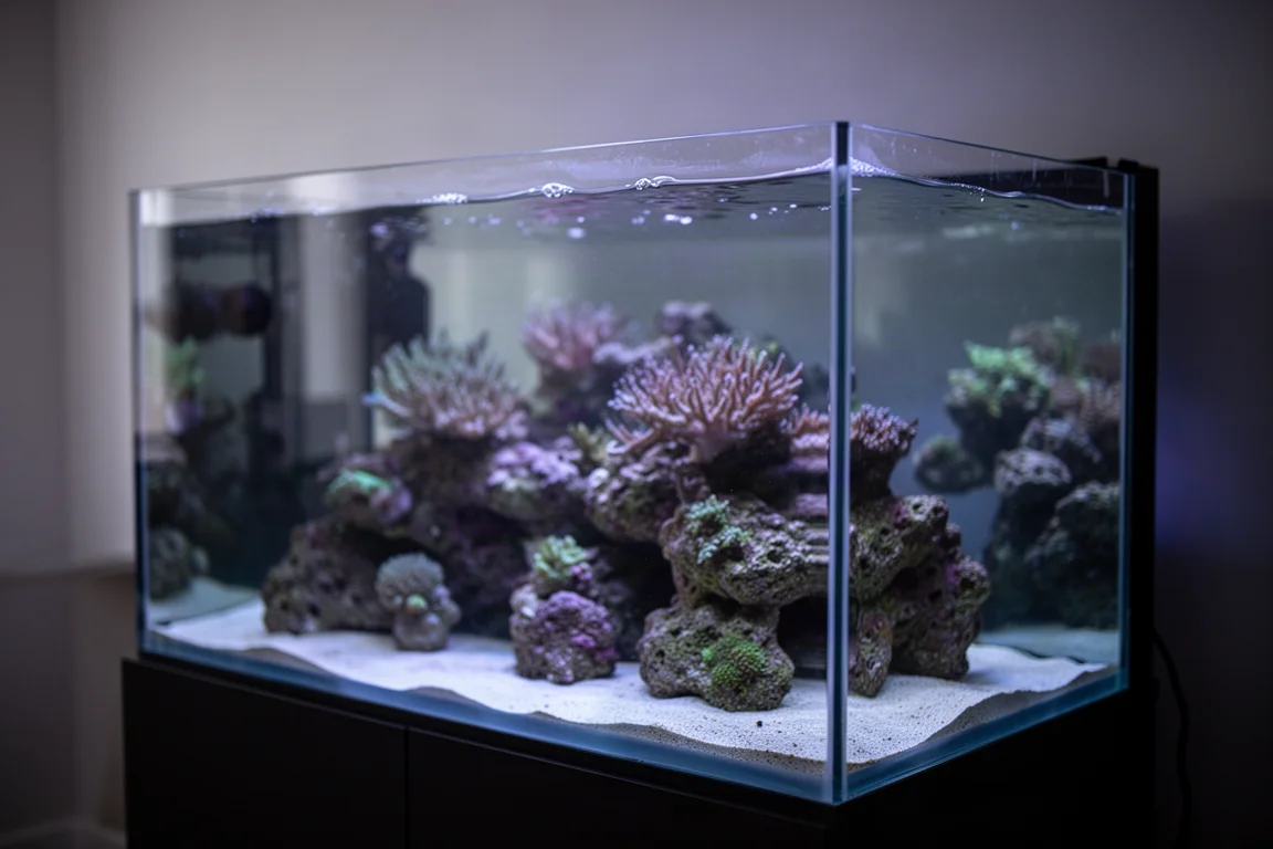 Acquario marino illuminato con luce blu e viola che si riflette sul vetro frontale pulito
