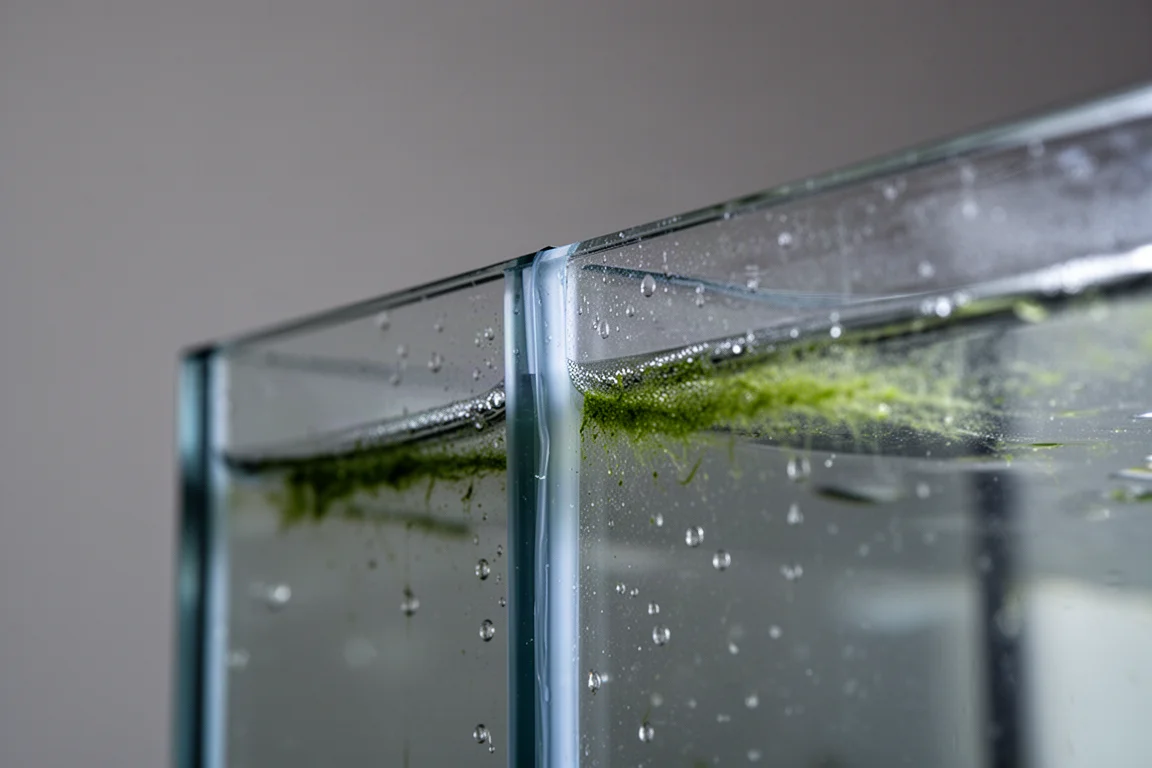 Vista macro dell'angolo di un acquario in vetro con giunzione in silicone intatta e gocce d'acqua