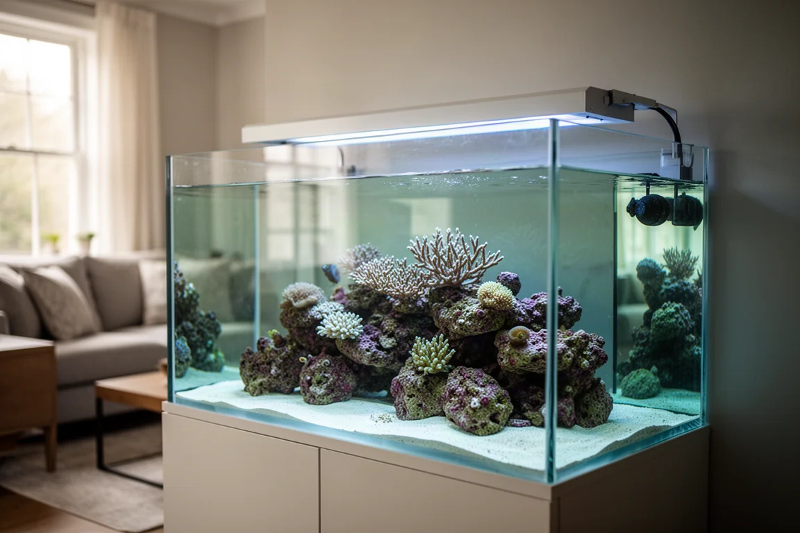 Rahmenloses Riffaquarium im Wohnzimmer mit flecklosem Glas, das Tageslicht reflektiert