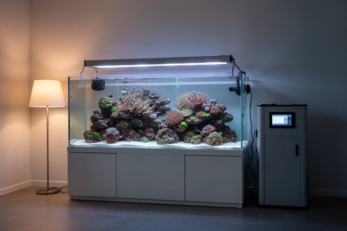 Gepflegtes Riffaquarium in der Abenddämmerung mit schmalem Technikschrank daneben