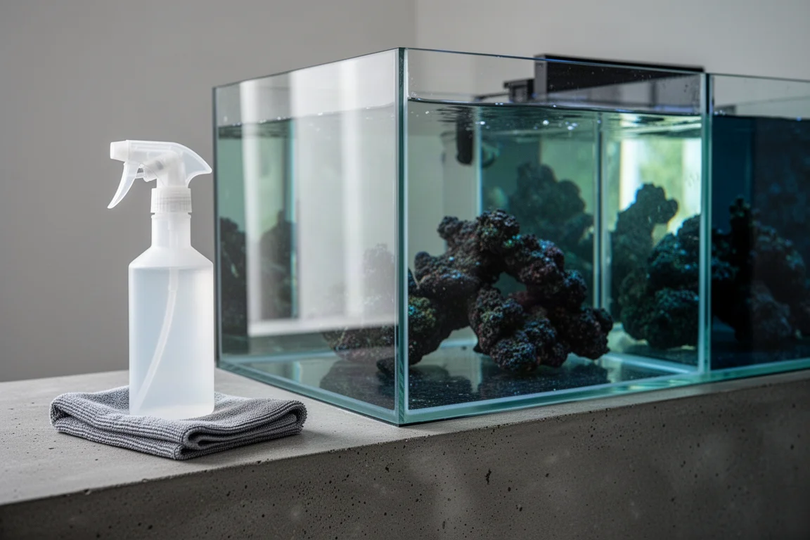 Aquarium récifal impeccable avec un flacon spray sans marque et un chiffon de polissage sur un rebord en béton