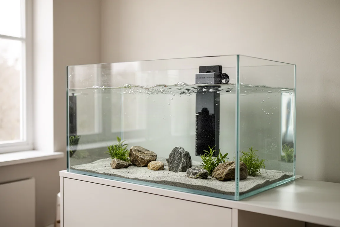 Rimless glass aquarium in a bright room with a slim internal filter on the back glass