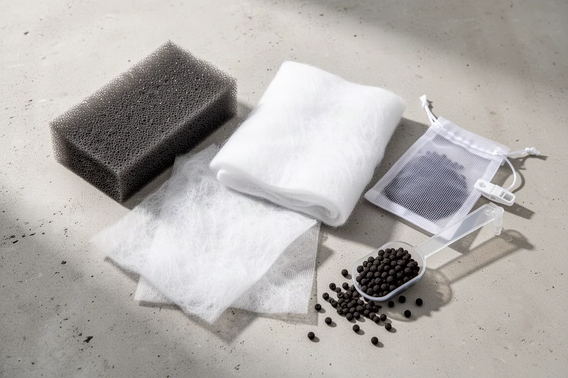 Coarse foam pad, filter floss and mesh media bag arranged on a concrete surface