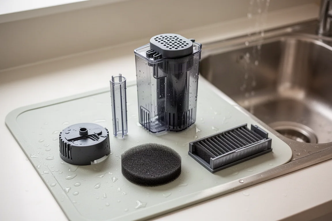 Dismantled internal filter components drying beside a sink after cleaning